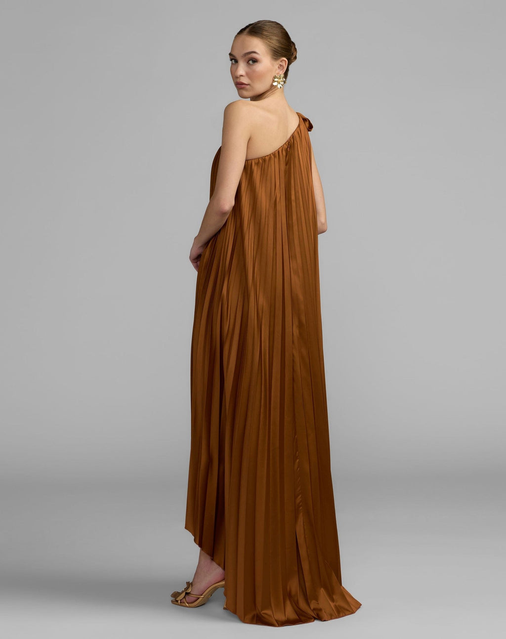 Nutmeg Pleated One Shoulder High Low Trapeze Gown