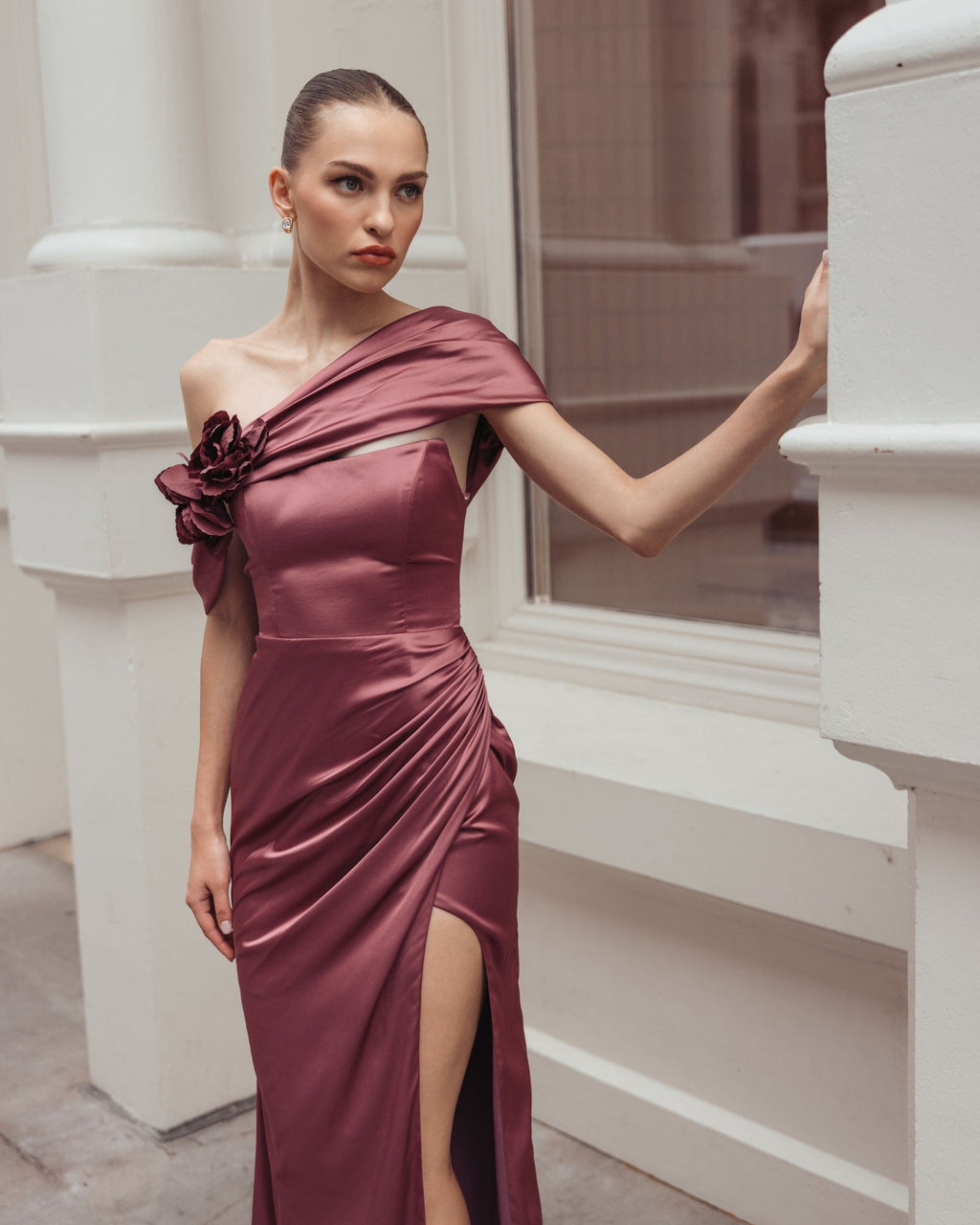 Rosewood Charmeuse One Shoulder Gown With 3D Flower