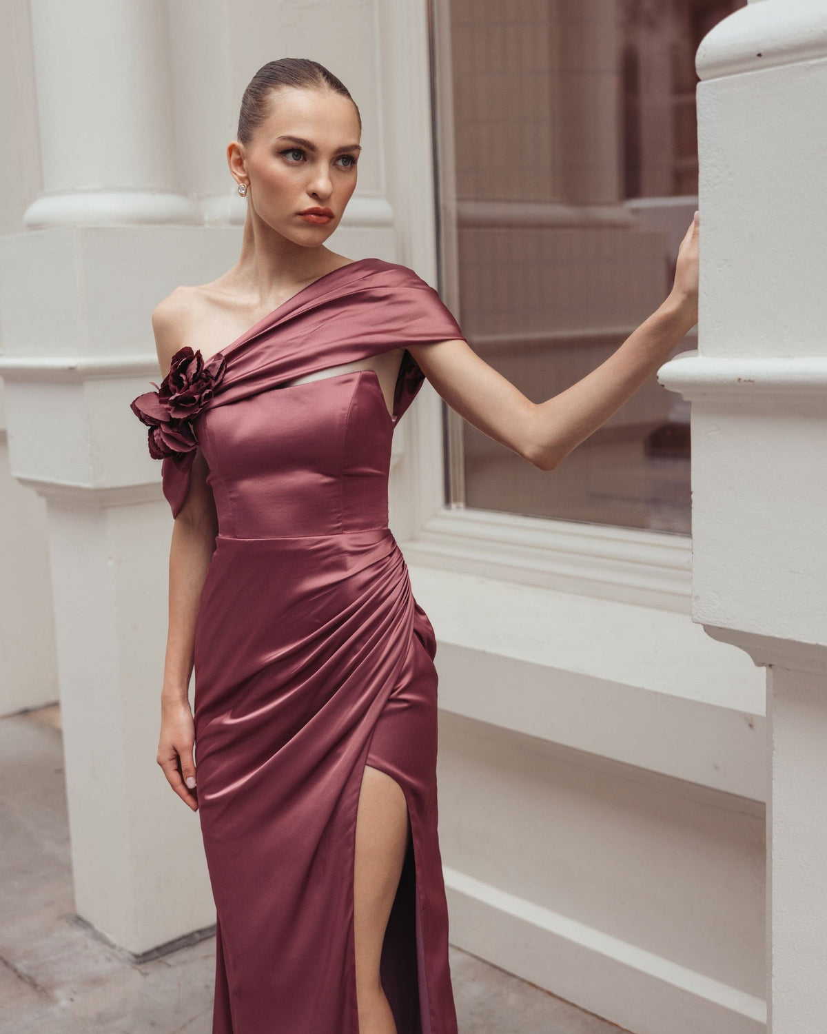 Rosewood Charmeuse One Shoulder Gown With 3D Flower