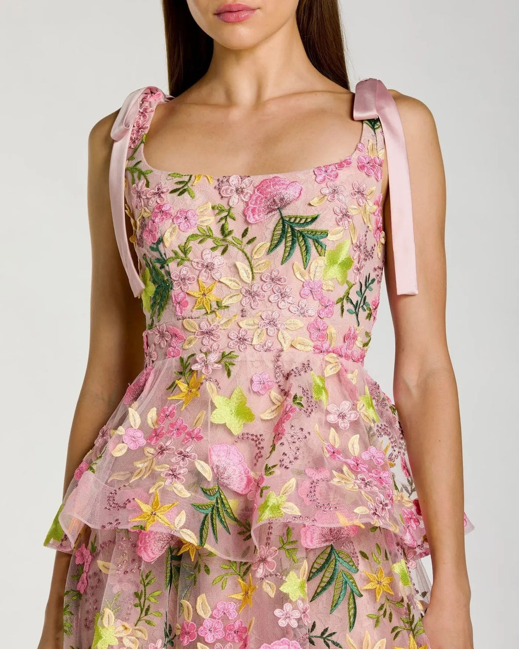 Blush Multi Floral Embroidered Tiered Midi Dress