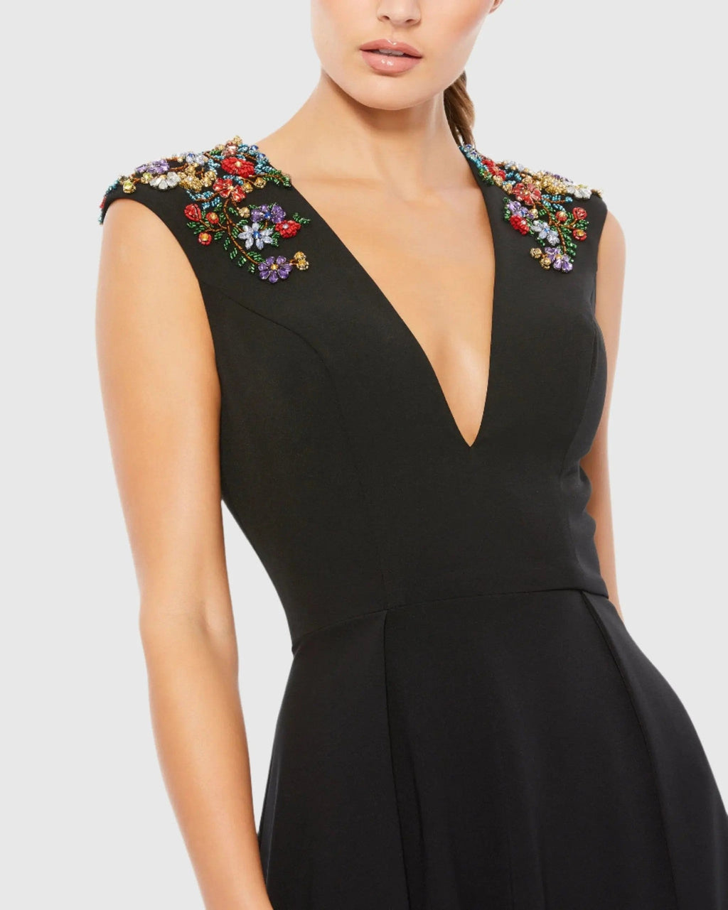 Black Embellished Cap Sleeve A-Line Evening Gown