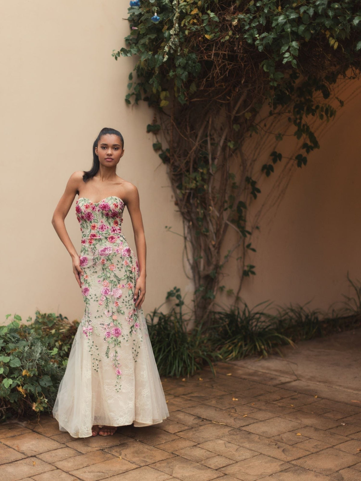 Beige Strapless Bustier Floral Embroidered Mermaid Gown