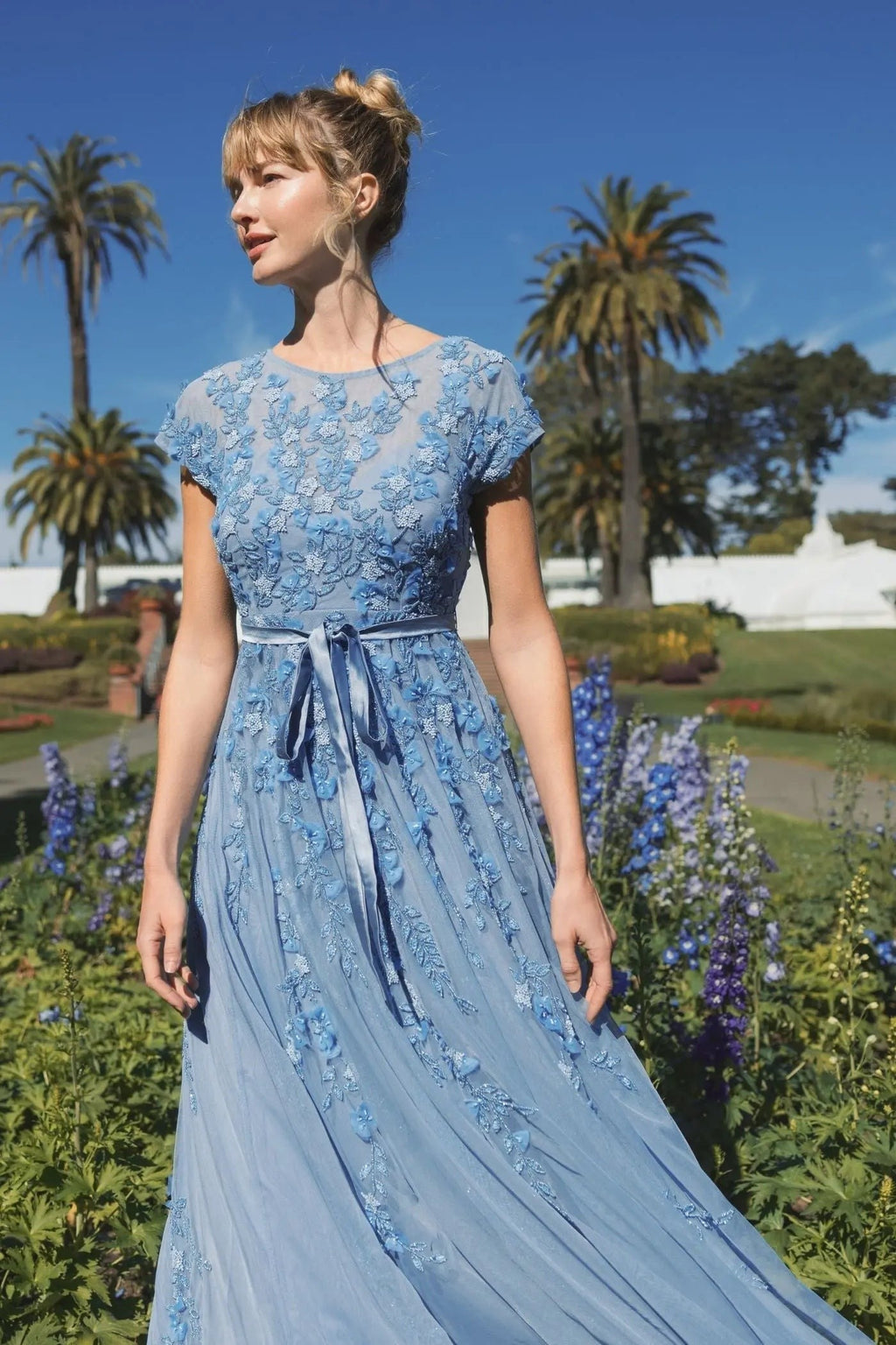 Sky Blue Floral Embellished Cap Sleeve Gown