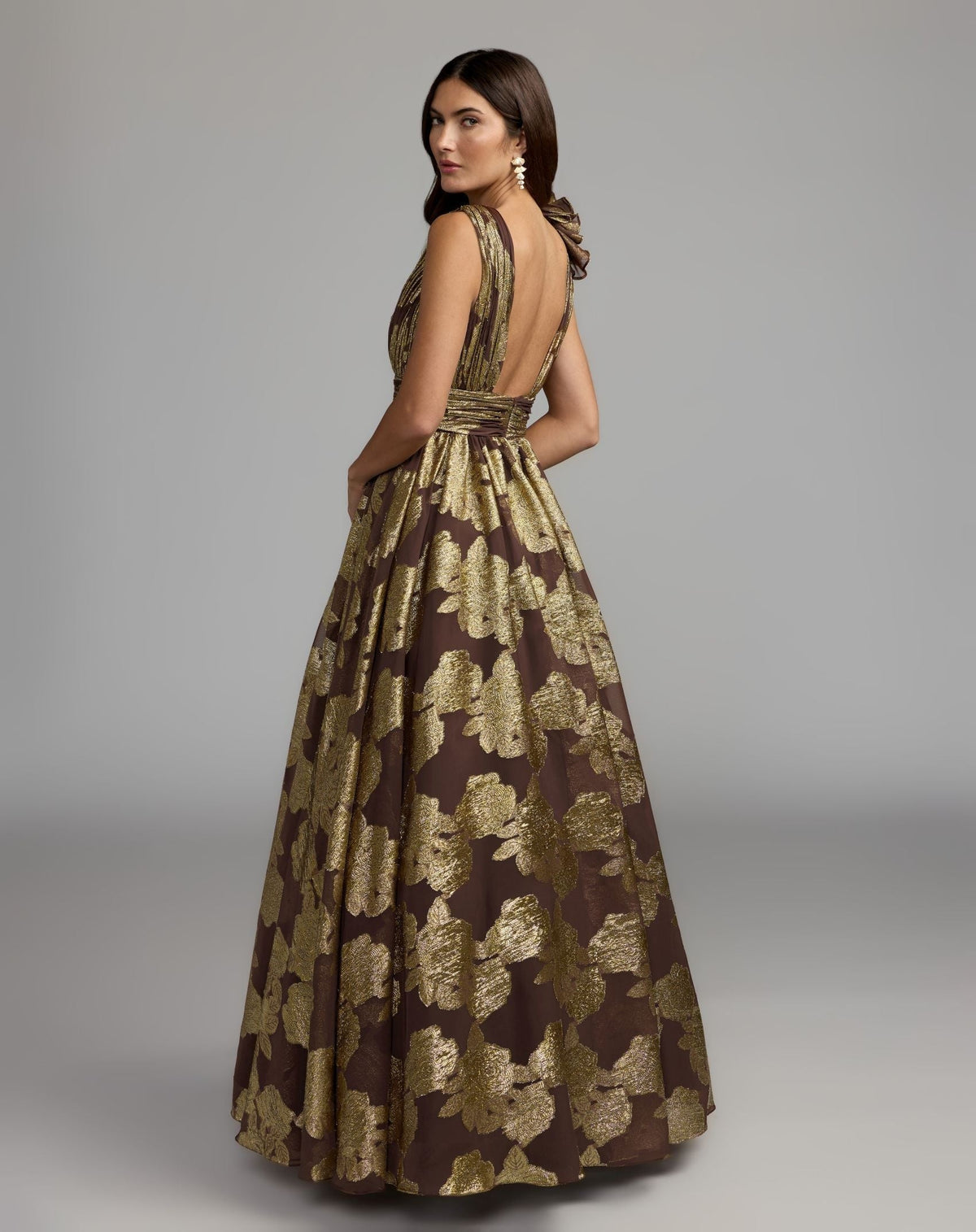 Chocolate Metallic V-Neck Ruffle Detail Ball Gown