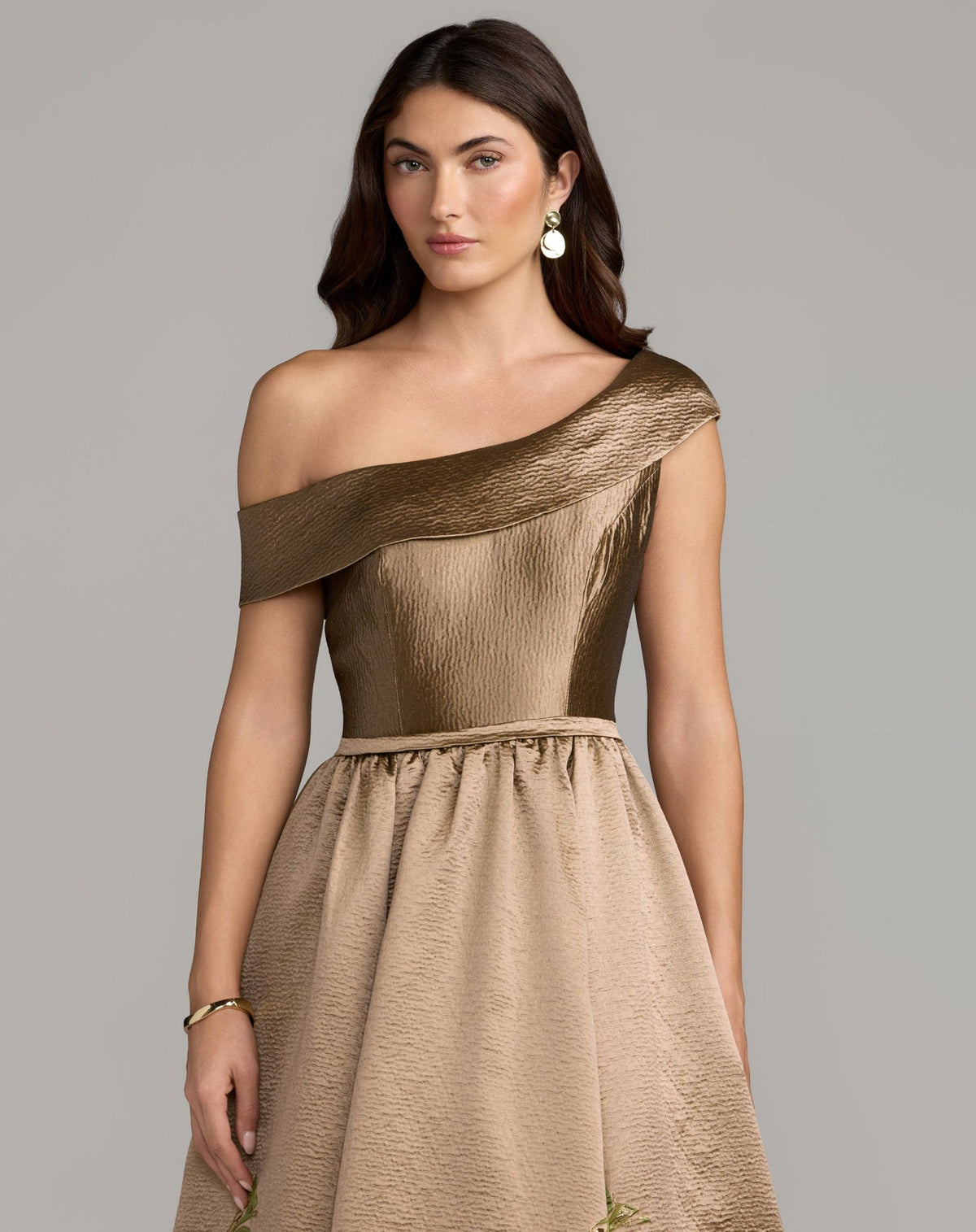 Petite Beige Floral Off The Shoulder Ball Gown