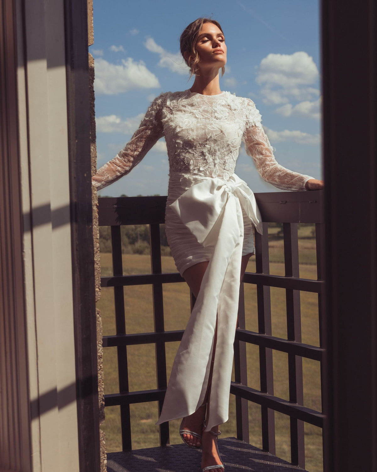 Ivory Embroidered Long Sleeve Taffeta Mini Dress