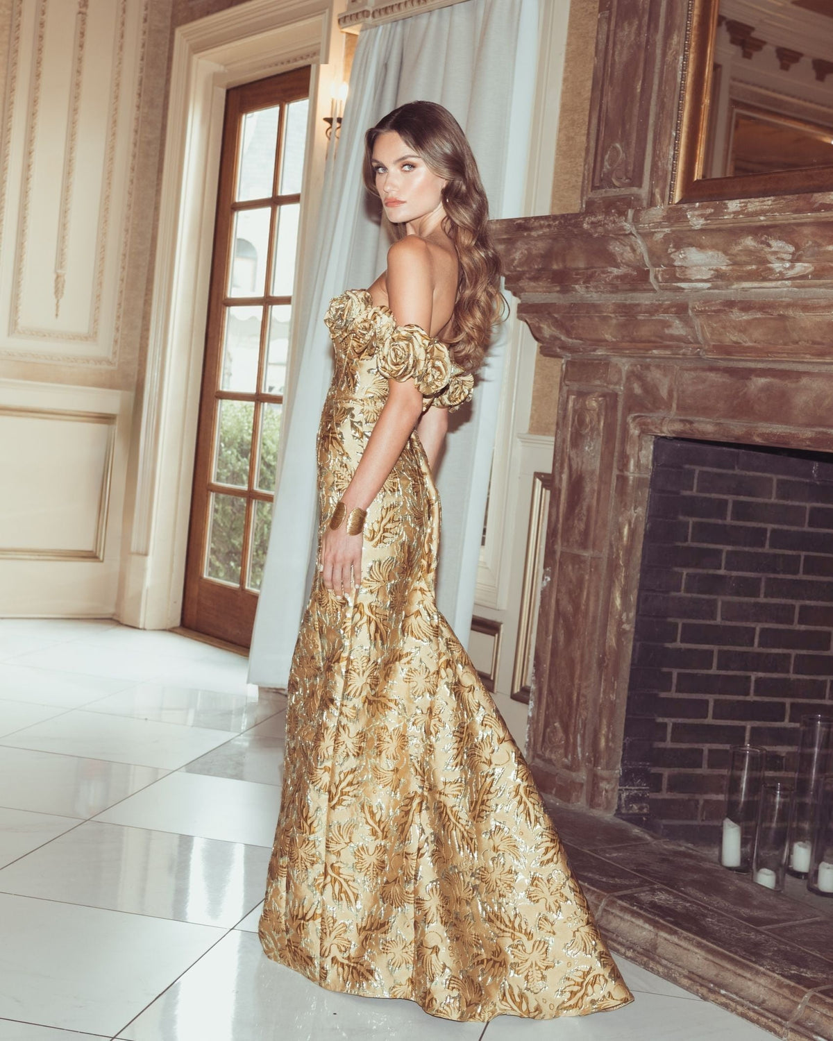Bronze Multi Off The Shoulder Rosette Column Gown