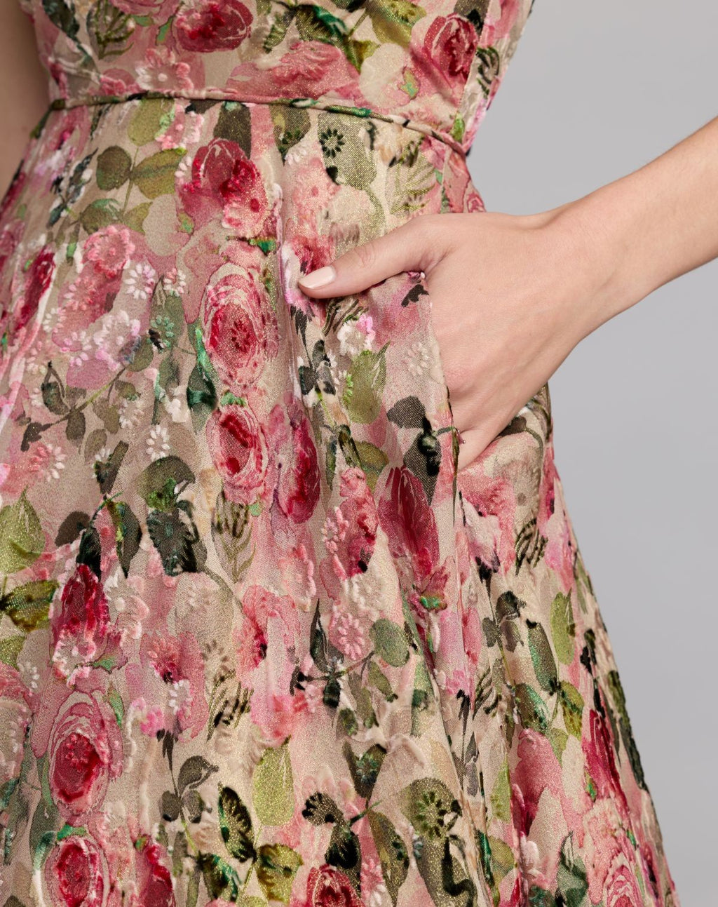 Pink Multi One Shoulder Velvet Floral Ball Gown