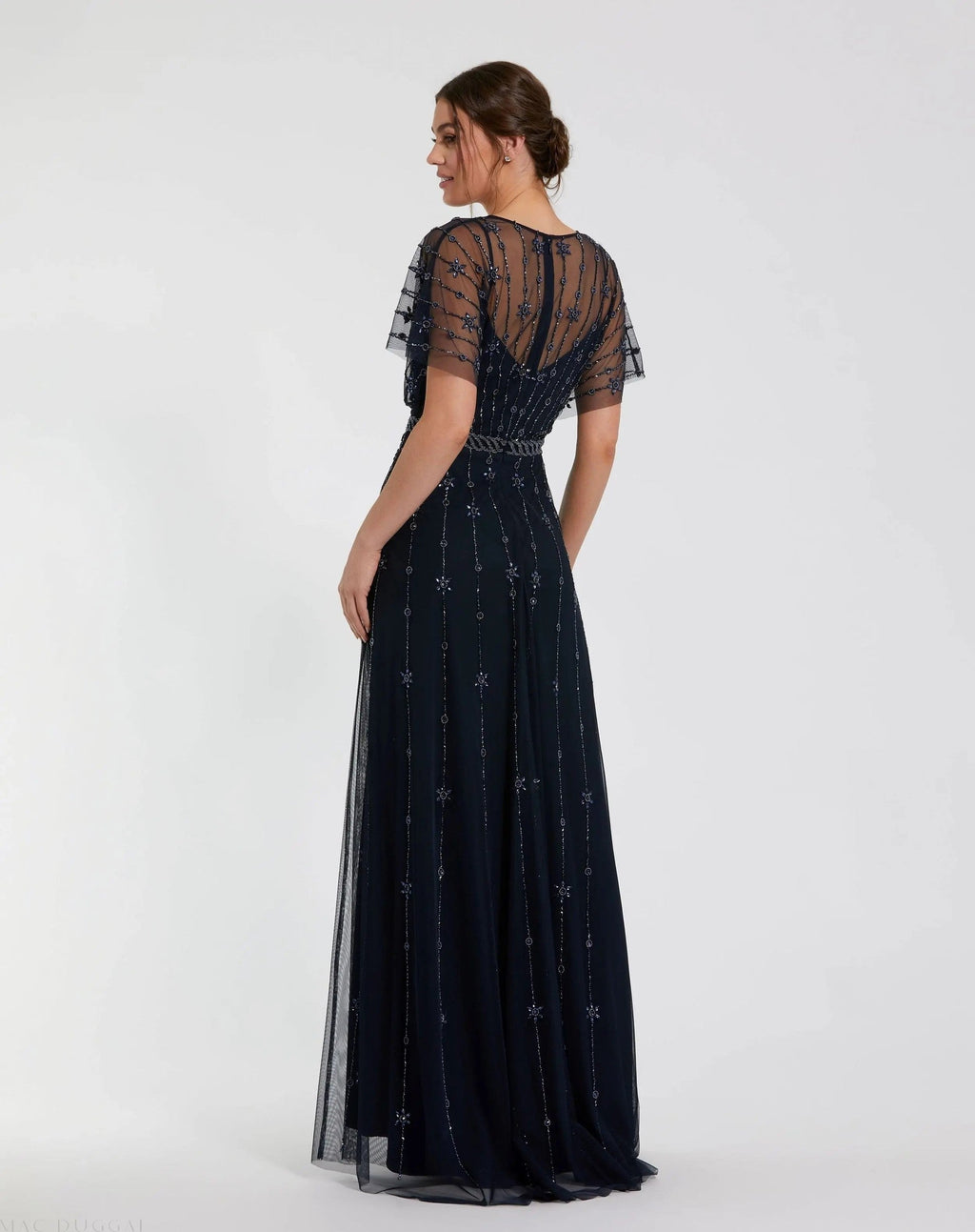 Navy V Neck Embellished Flutter Sleeve A Line Gown