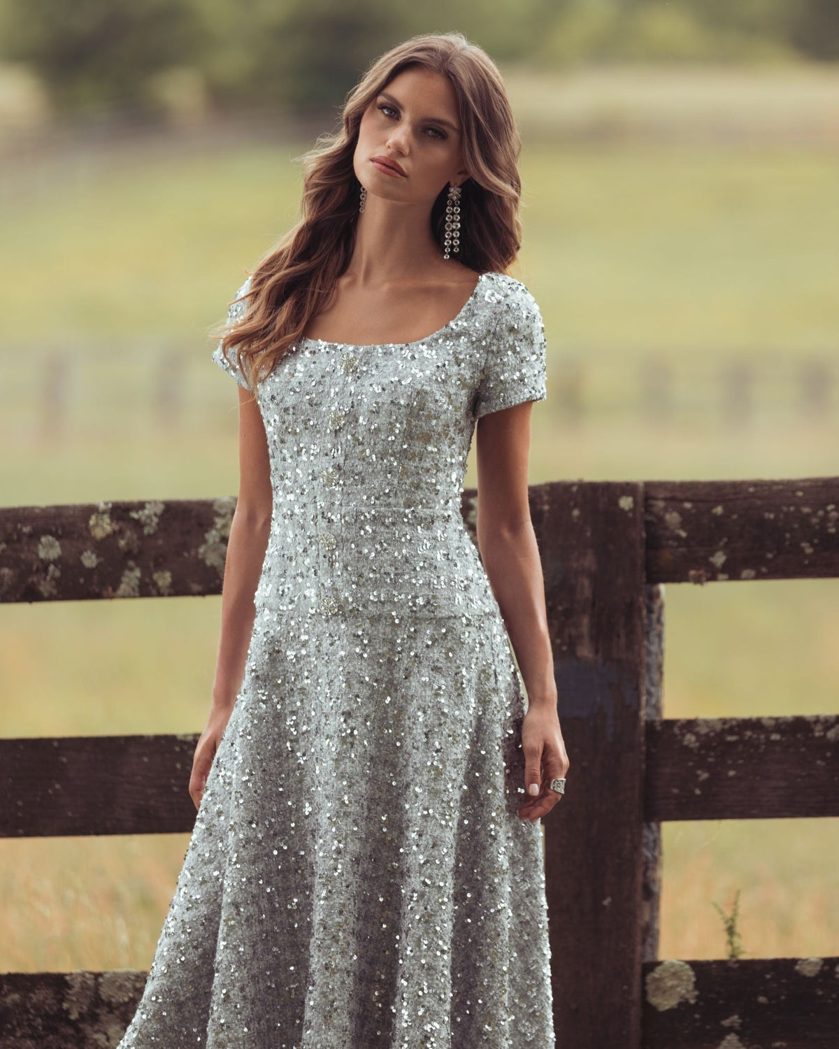 Platinum Sequin Button Up Boucle Midi Dress