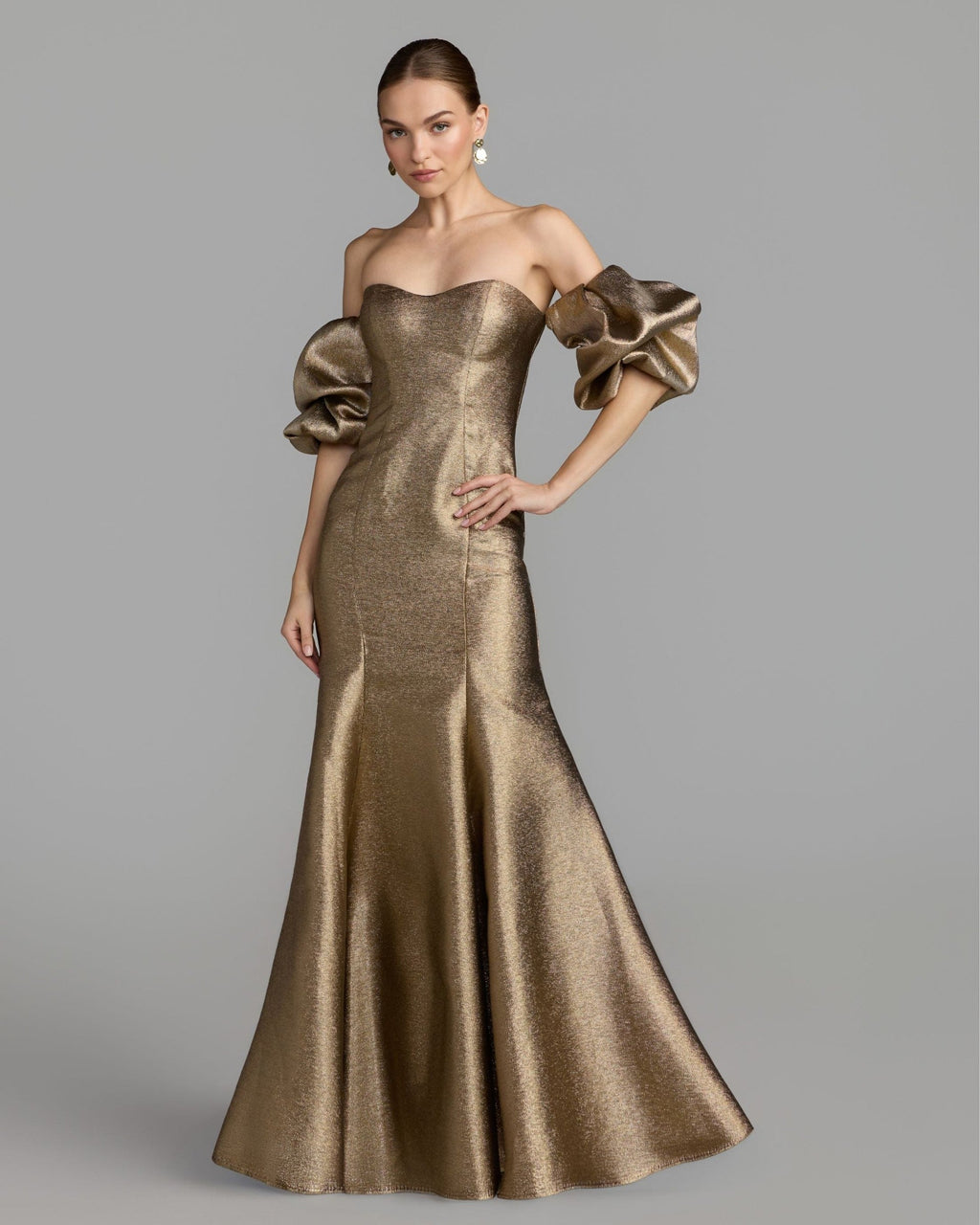 Gold Brocade Off The Shoulder Puff Sleeve Gown