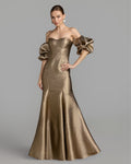 Gold Brocade Off The Shoulder Puff Sleeve Gown