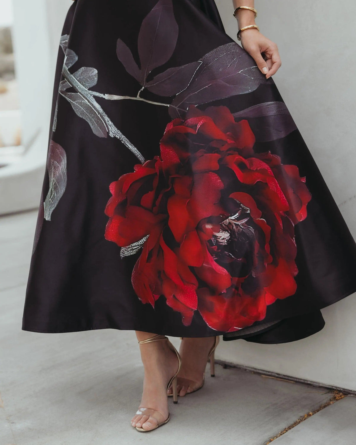 Black Printed Satin Strapless Midi Dress With Pockets