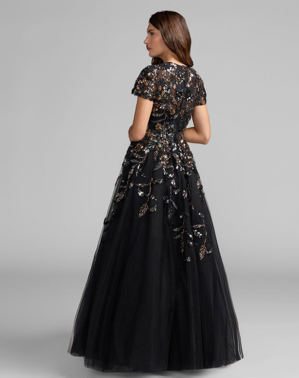 Black Floral Embellished High Neck Tulle Ball Gown