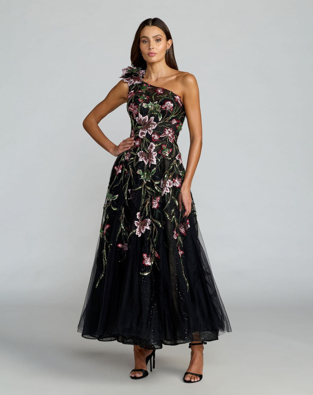 Black Embroidered Floral One Shoulder A-Line Dress