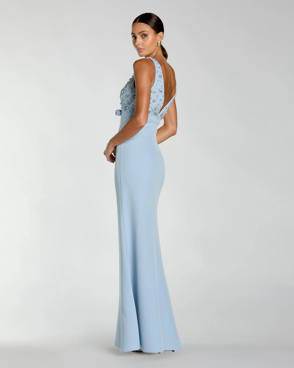 Powder Blue Embellished Deep V-Neck Crepe Gown With Bow