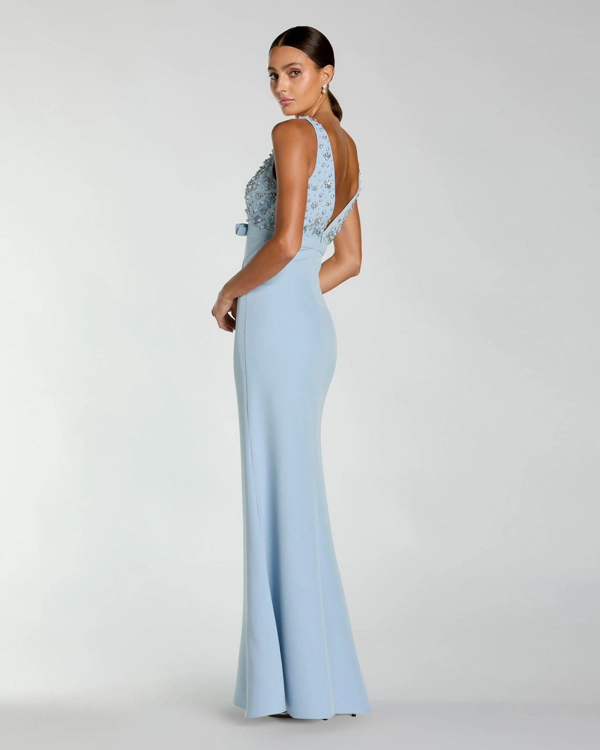 Powder Blue Embellished Deep V-Neck Crepe Gown With Bow
