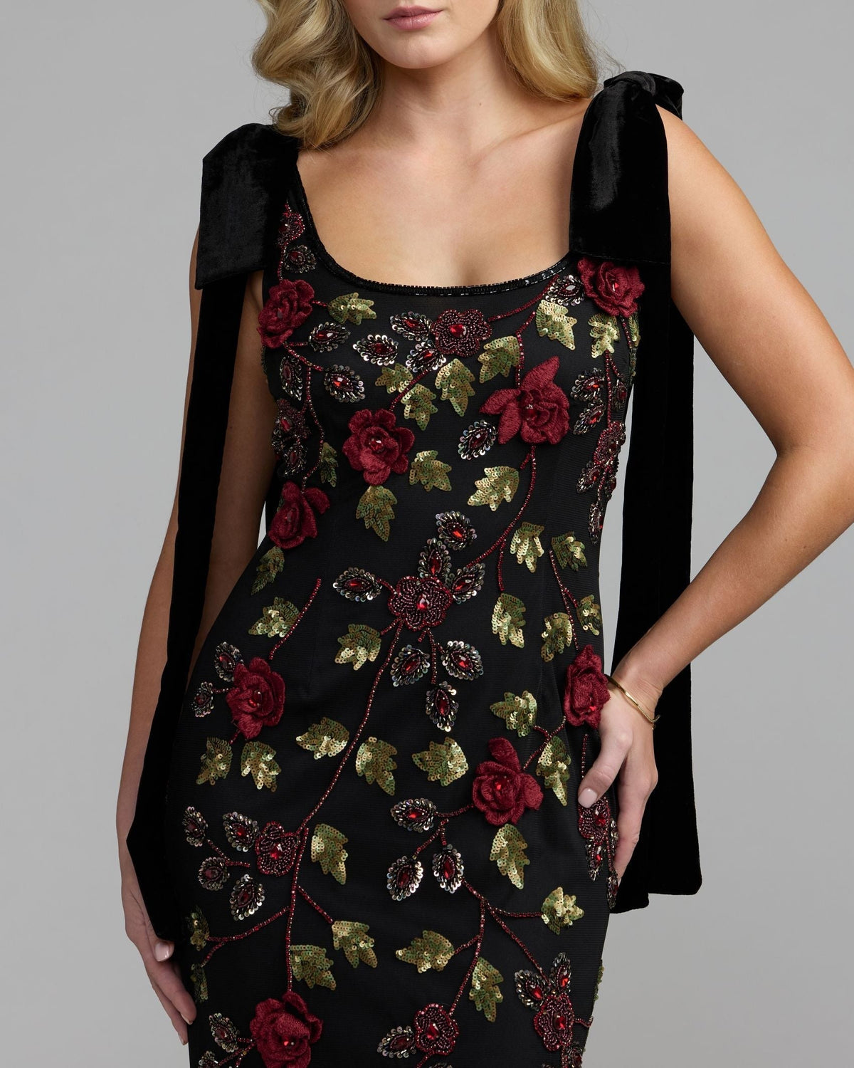 Black Red 3D Floral Embellished Gown With Velvet Bows