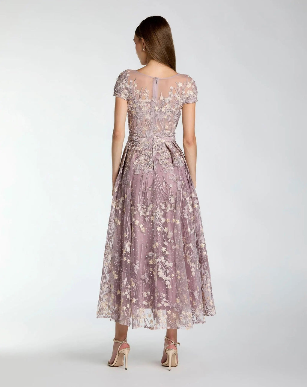 Purple Embroidered Cap Sleeve High Neck Midi Dress