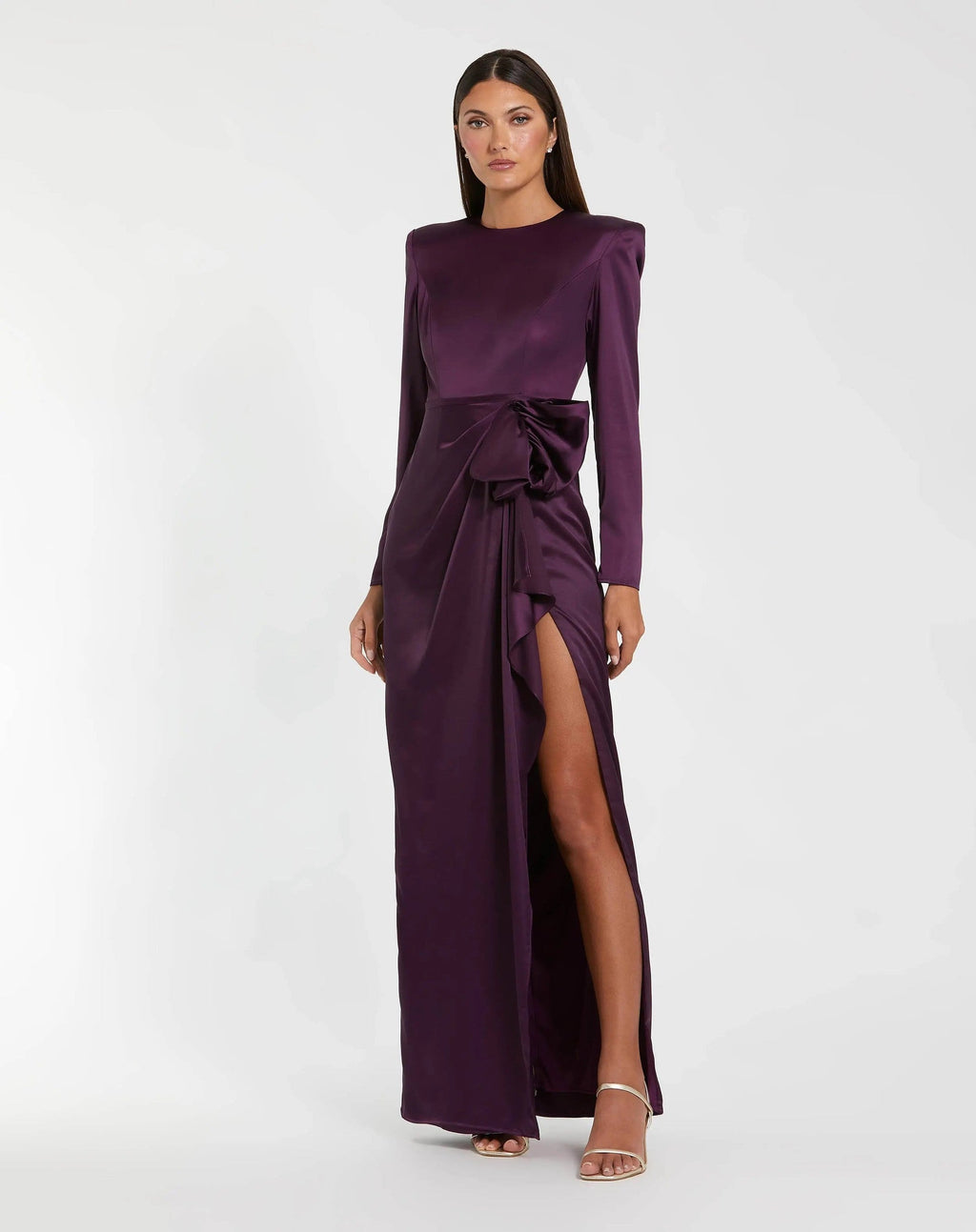 Purple Long Sleeve Structured Bow Draped Column Gown