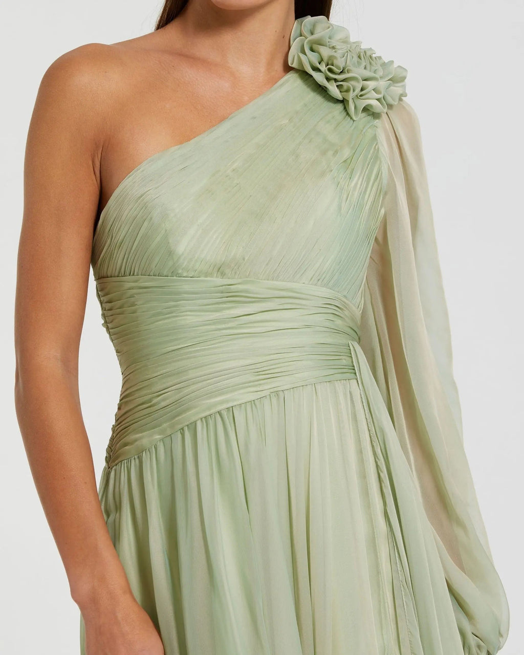 Sage One Shoulder 3D Flower Gown With Slit