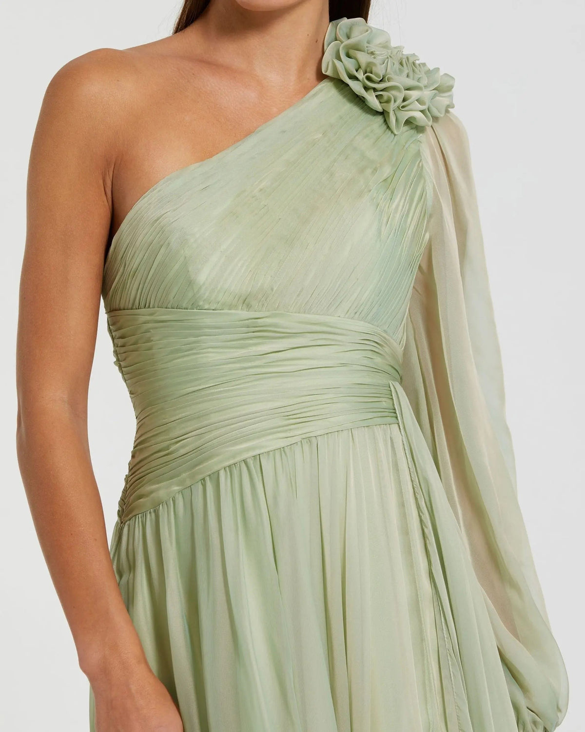 Sage One Shoulder 3D Flower Gown With Slit