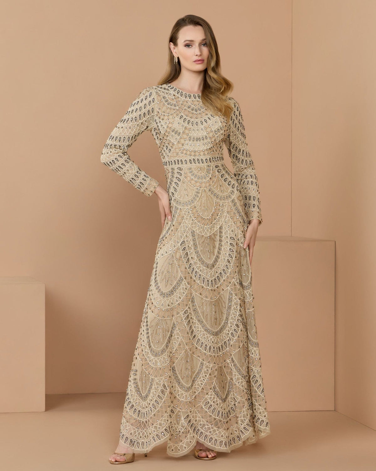 Beige Long Sleeve Hand Beaded A-Line Gown