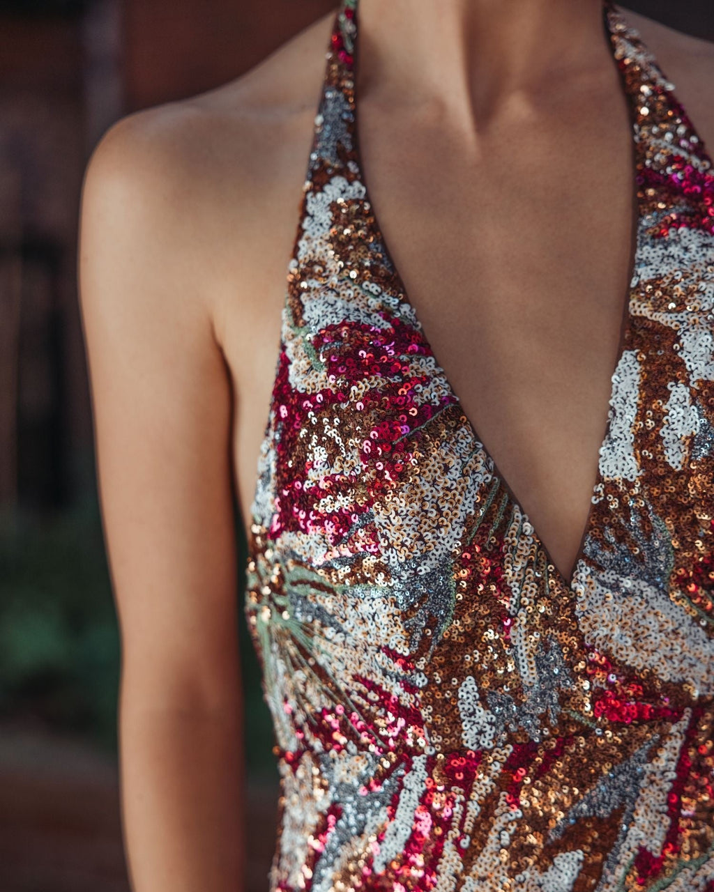 Berry Multi Floral Sequin Sleeveless Open Back Gown