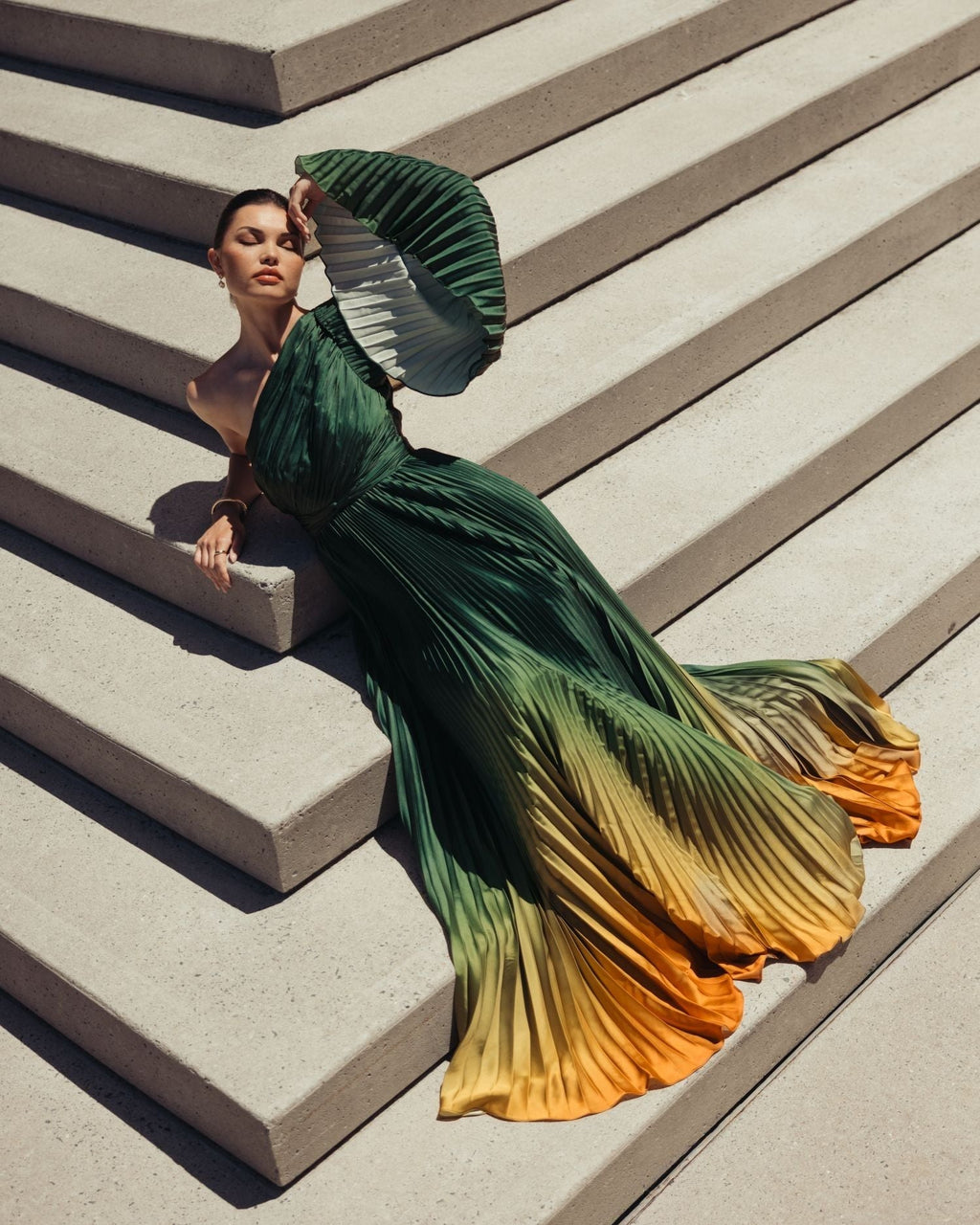 Green Ombre Pleated Charmeuse One Shoulder Ombre Gown