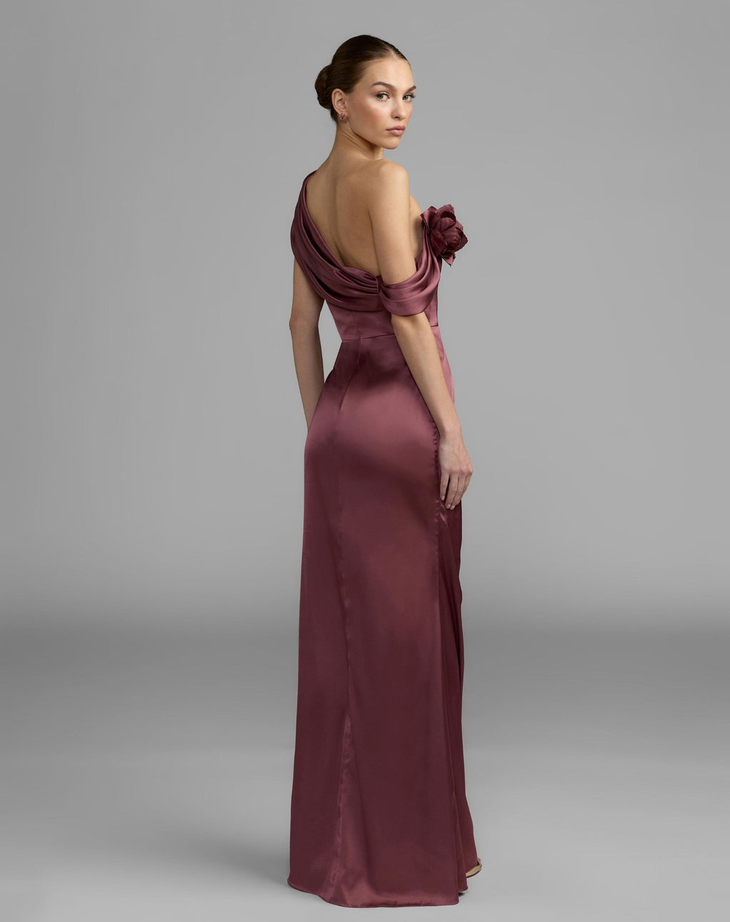Rosewood Charmeuse One Shoulder Gown With 3D Flower