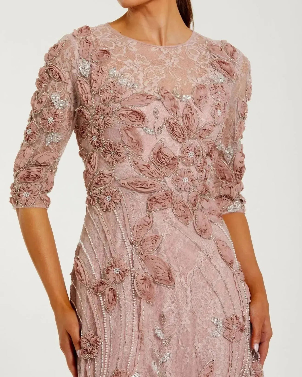 Petite Mocha High Neck Embellished Lace Gown With 3/4 Sleeves