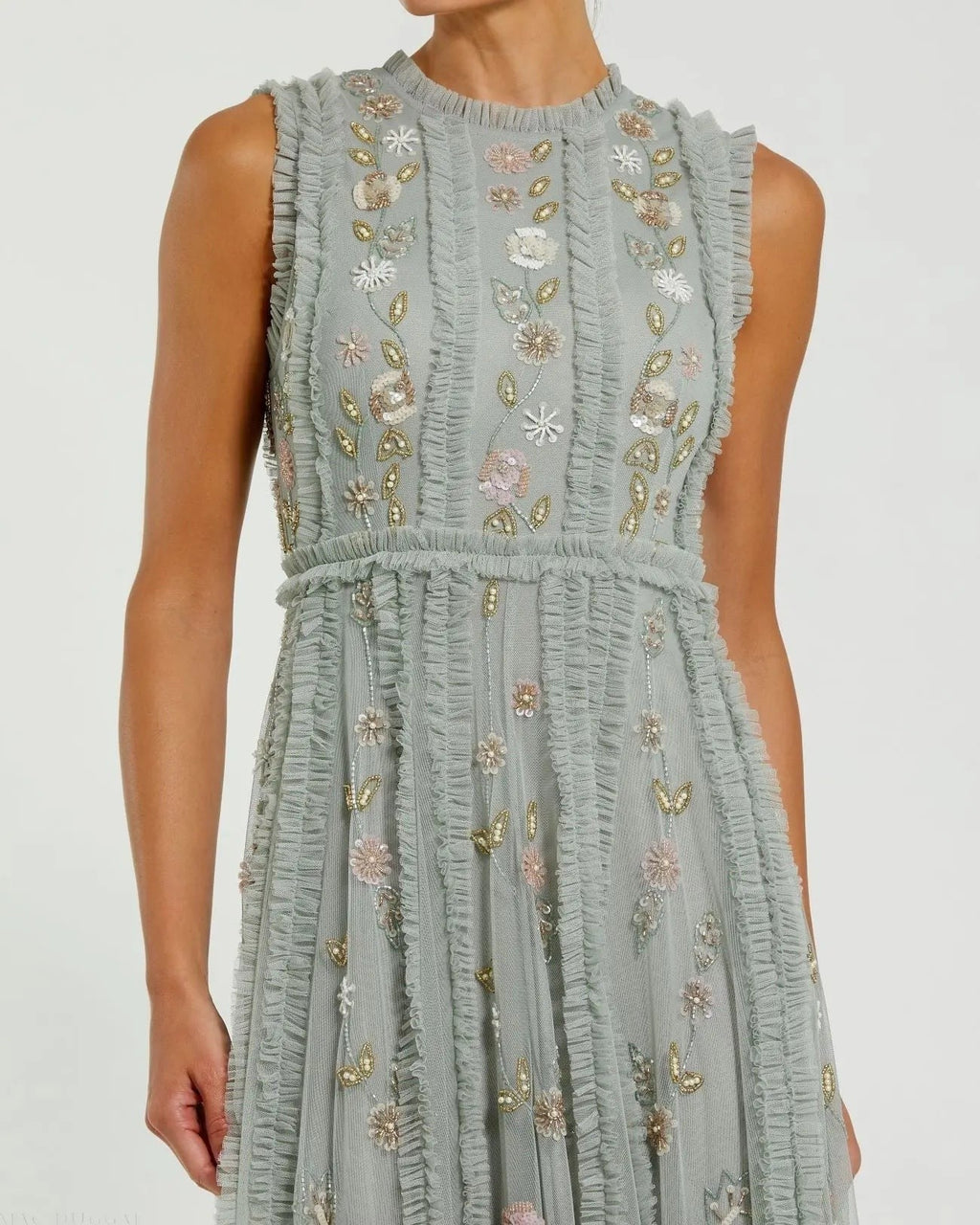 Green Floral Mesh Sleeveless A Line Micro Ruffle Gown