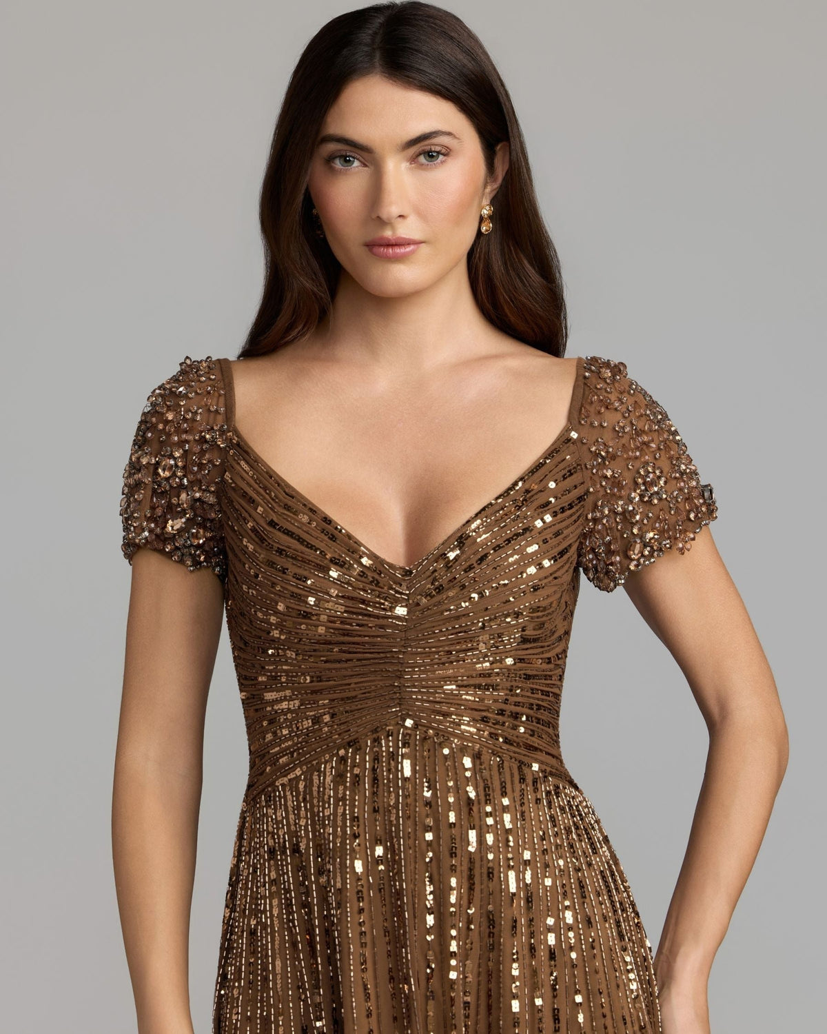 Chocolate Embellished V-Neck Cap Sleeve Gown