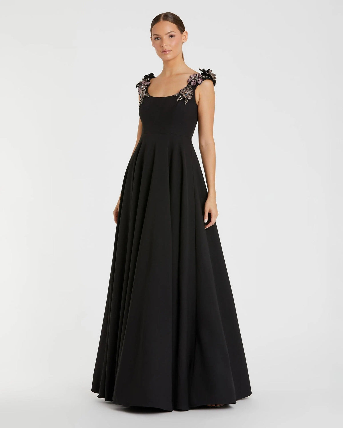 Black Crepe Sleeveless Ballgown With Rhinestone Flowers