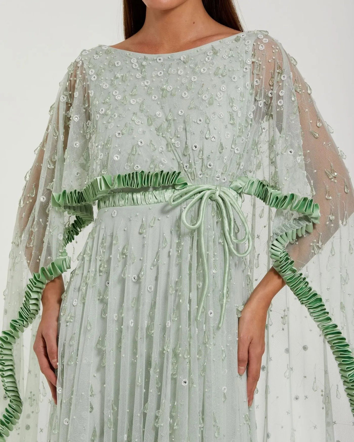 Jade Beaded Cape Sleeve Gown With Ruffle Trim