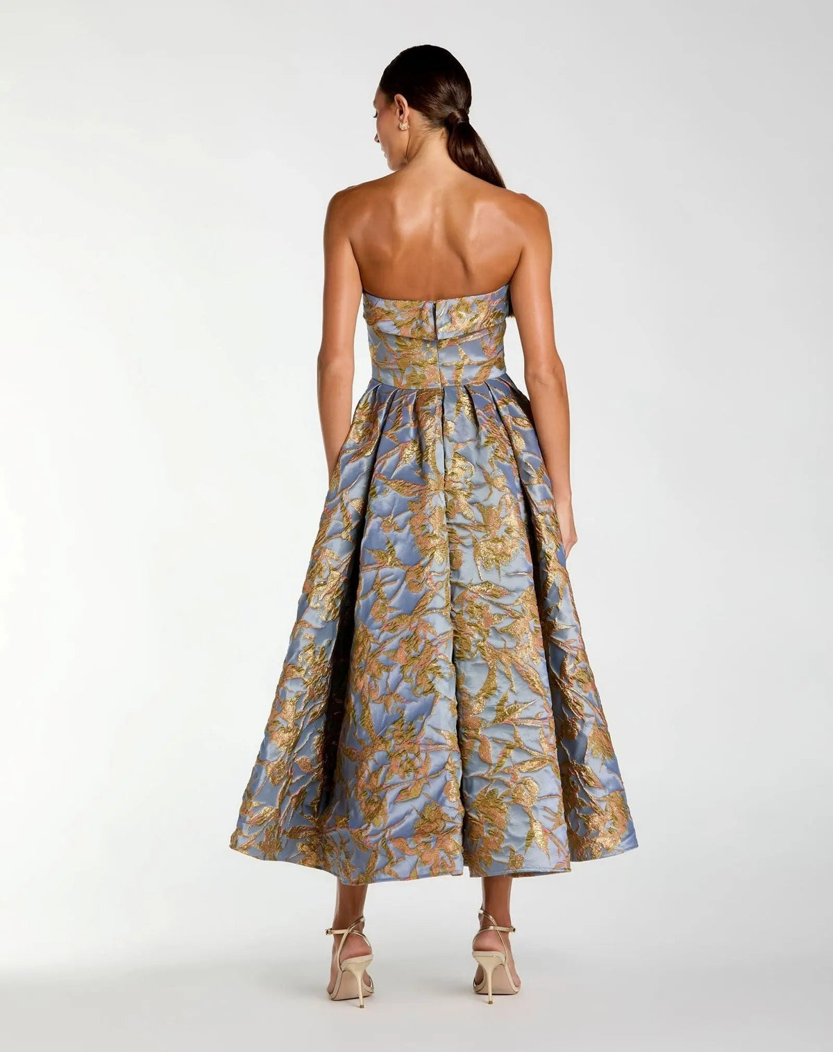 Blue Strapless Brocade Midi Dress With Pockets