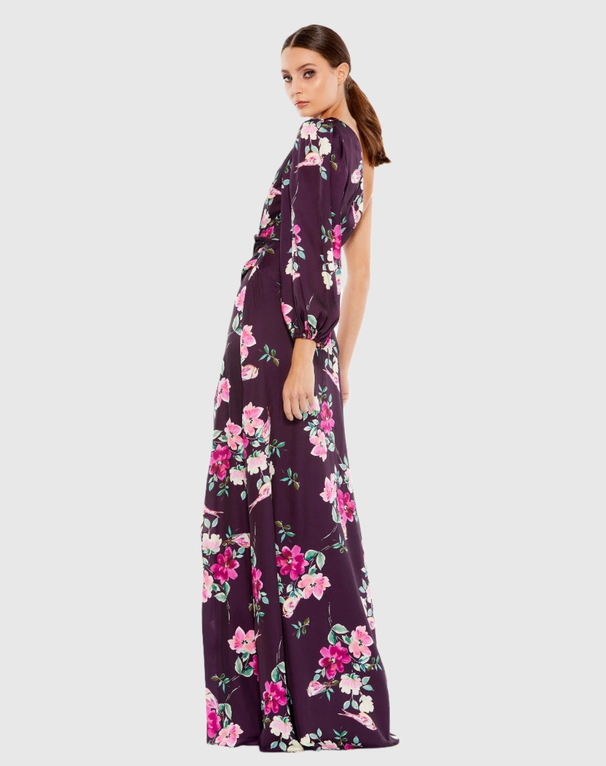 Purple Floral One Shoulder Charmeuse Gown With Slit