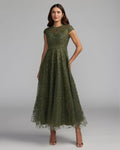 Olive Embroidered Tulle Midi Dress