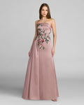 Mocha Floral Embroidered Satin Strapless Gown