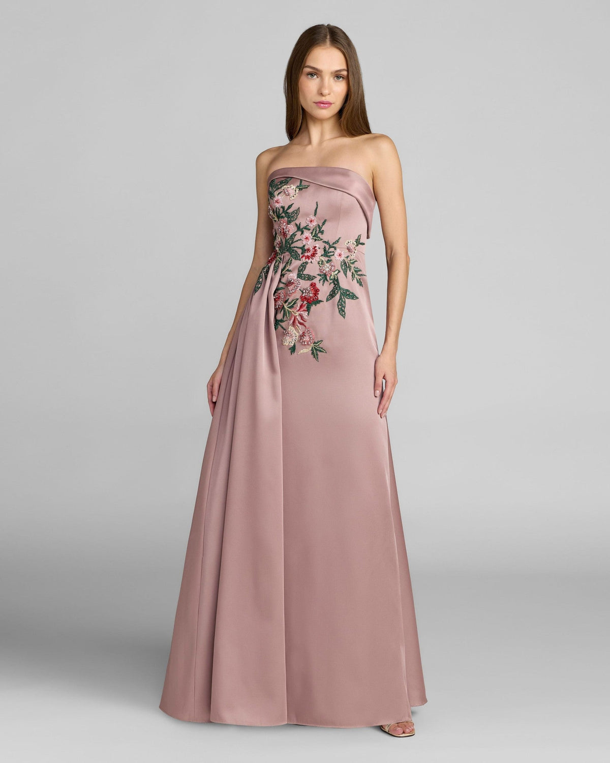Mocha Floral Embroidered Satin Strapless Gown