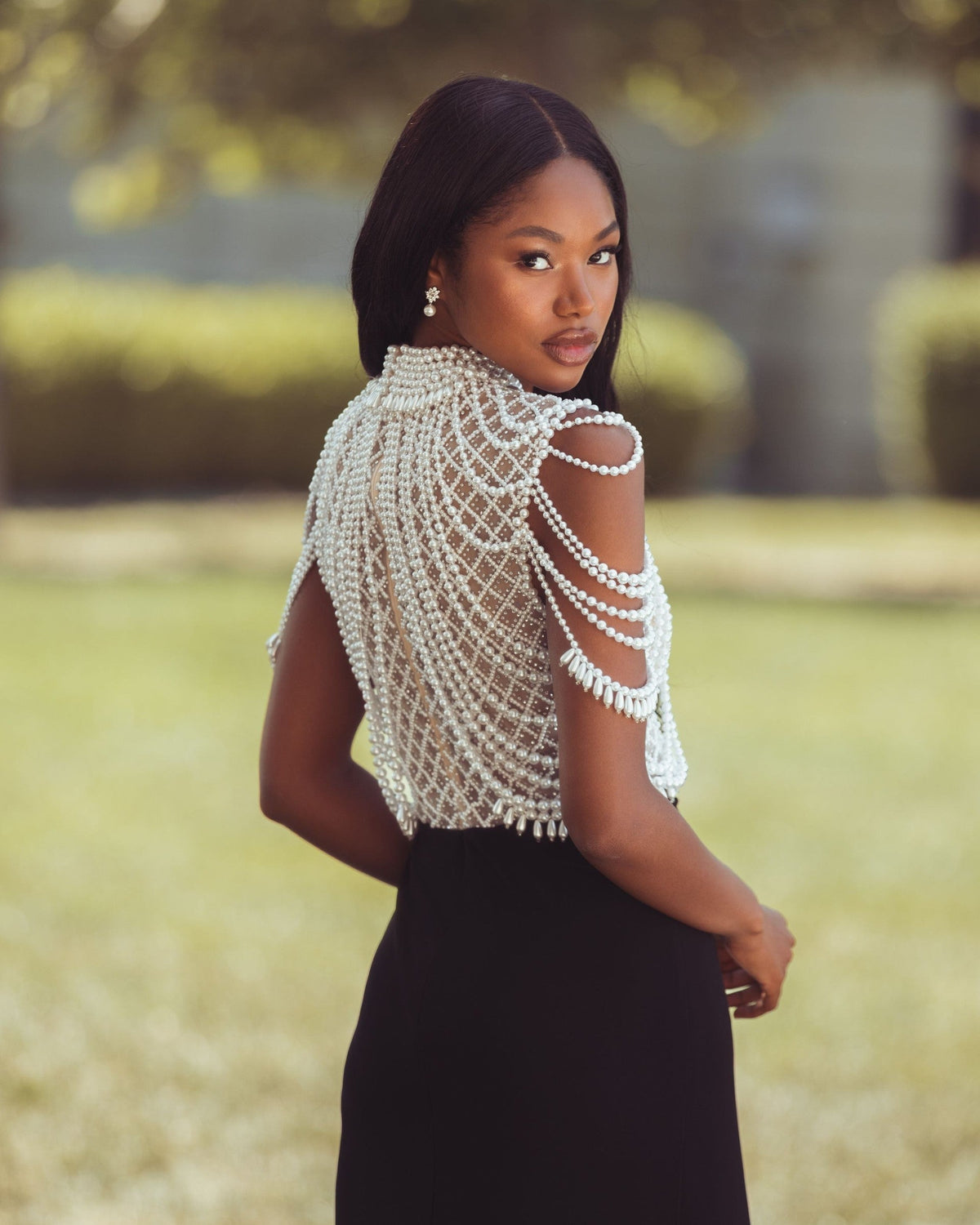 Black High Neck Pearl Embellished Jersey Gown