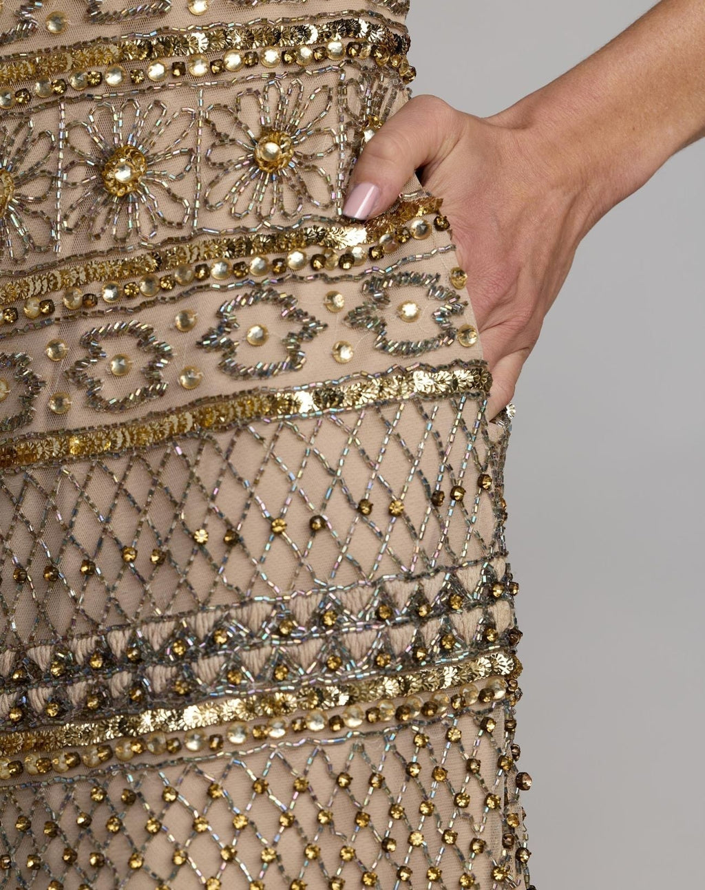 Nude Gold Short Sleeve Embellished Mini Dress