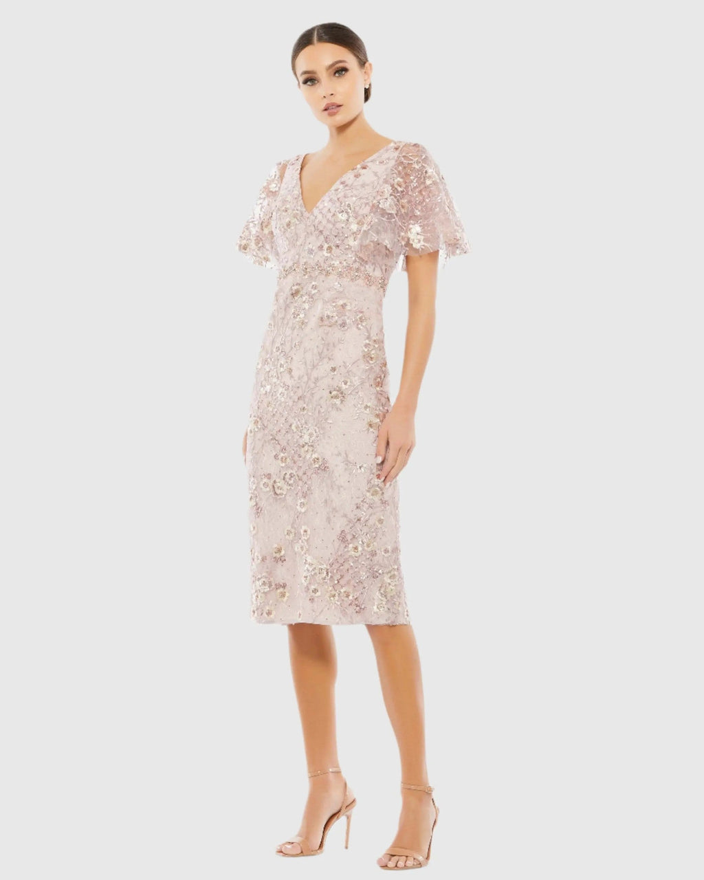 Rose Pink Embellished Butterfly Sleeve Cocktail Dress