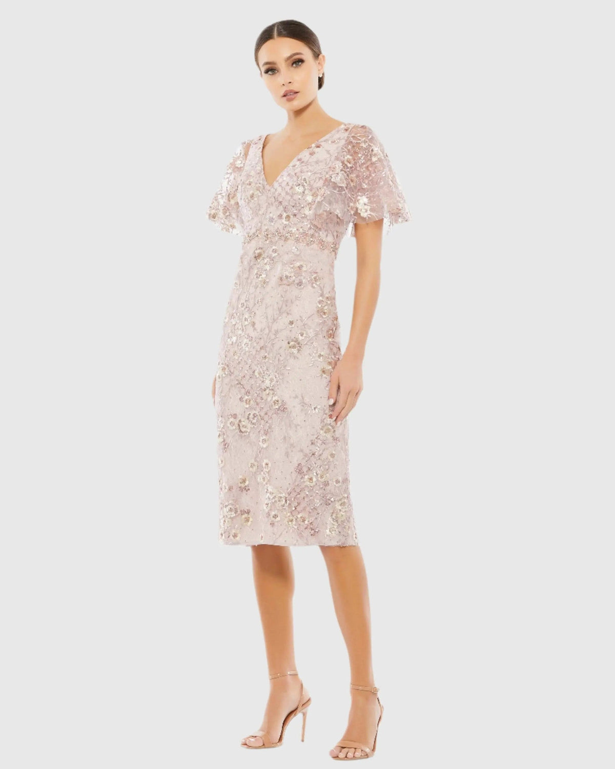 Rose Pink Embellished Butterfly Sleeve Cocktail Dress
