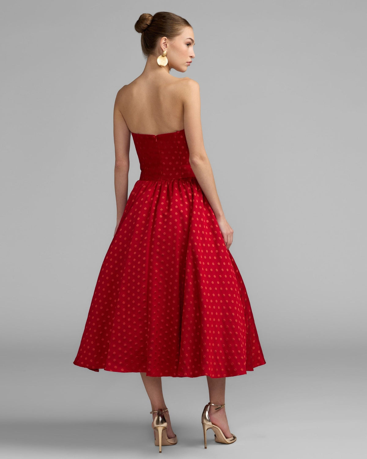 Red Multi Strapless Polka Dot Brocade Midi Dress