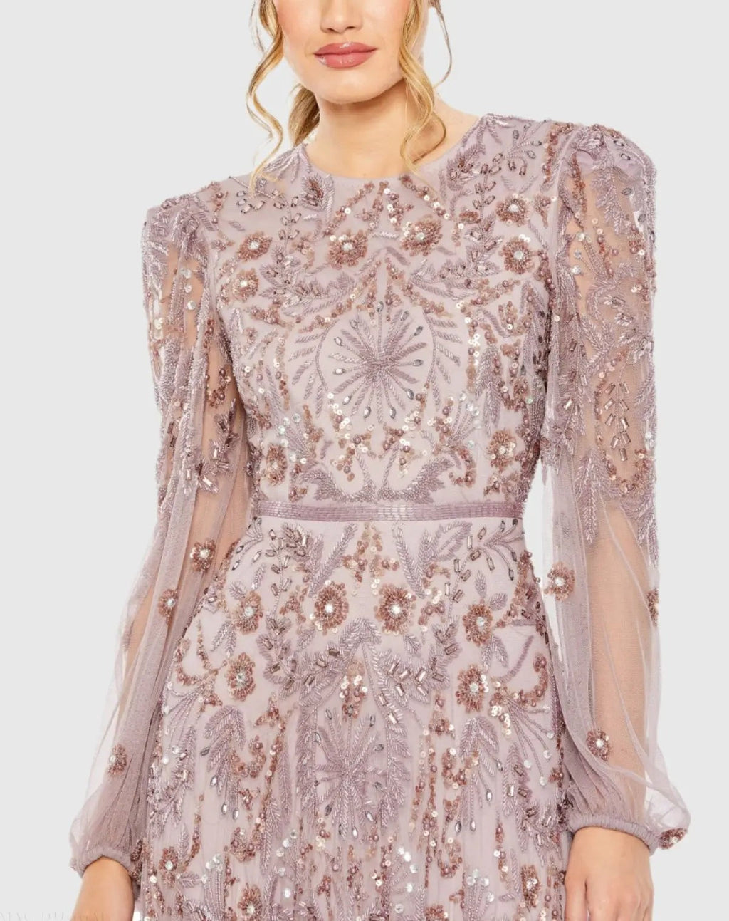Purple Puff Sleeve Embellished A Line Gown