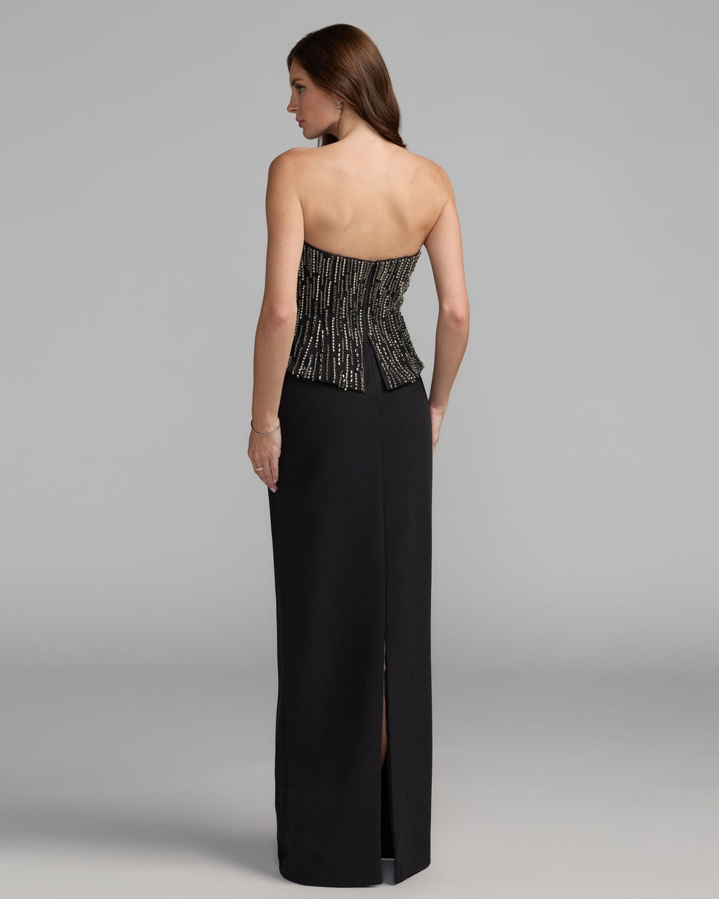 Black Embellished Crepe Strapless Column Gown