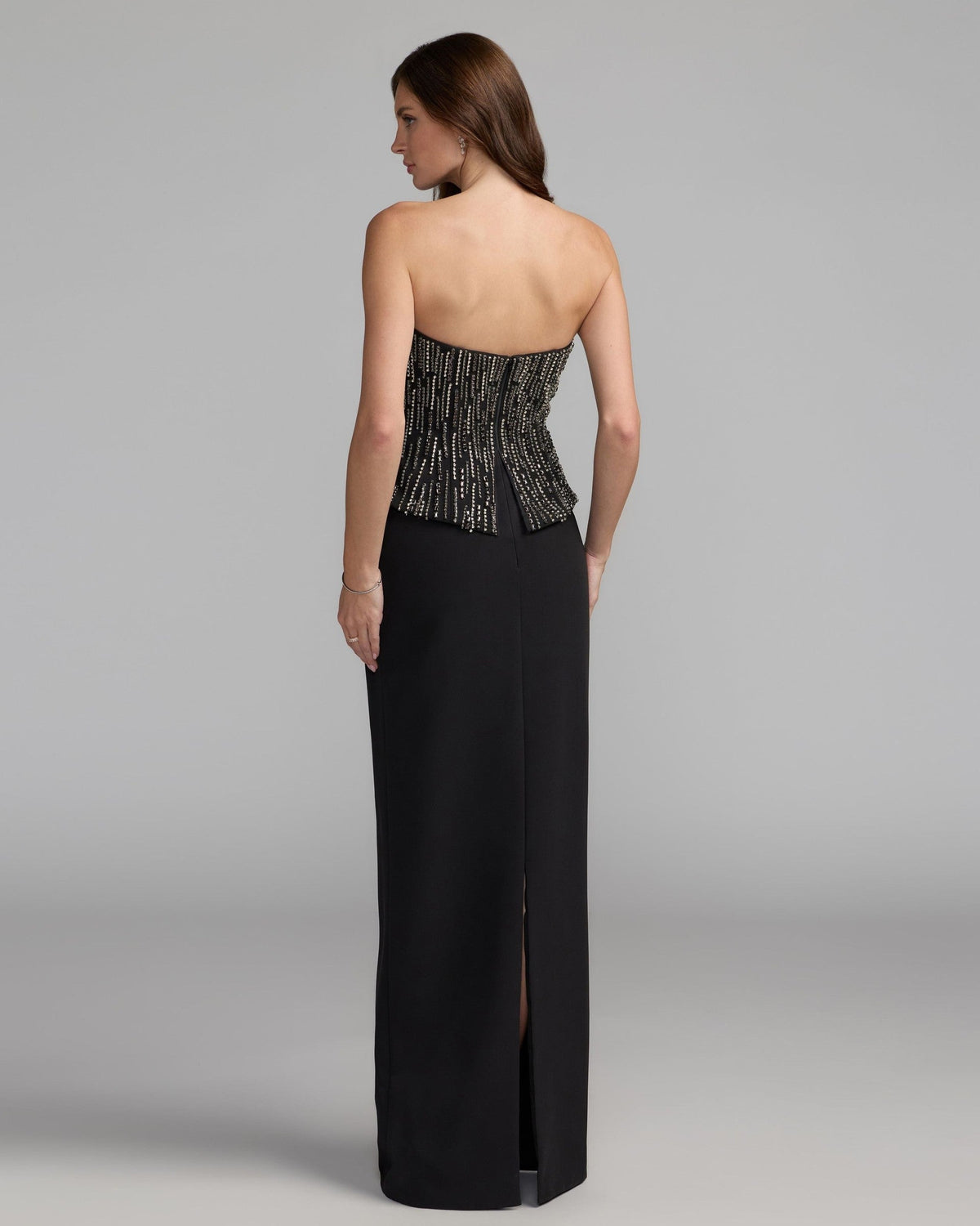 Black Embellished Crepe Strapless Column Gown