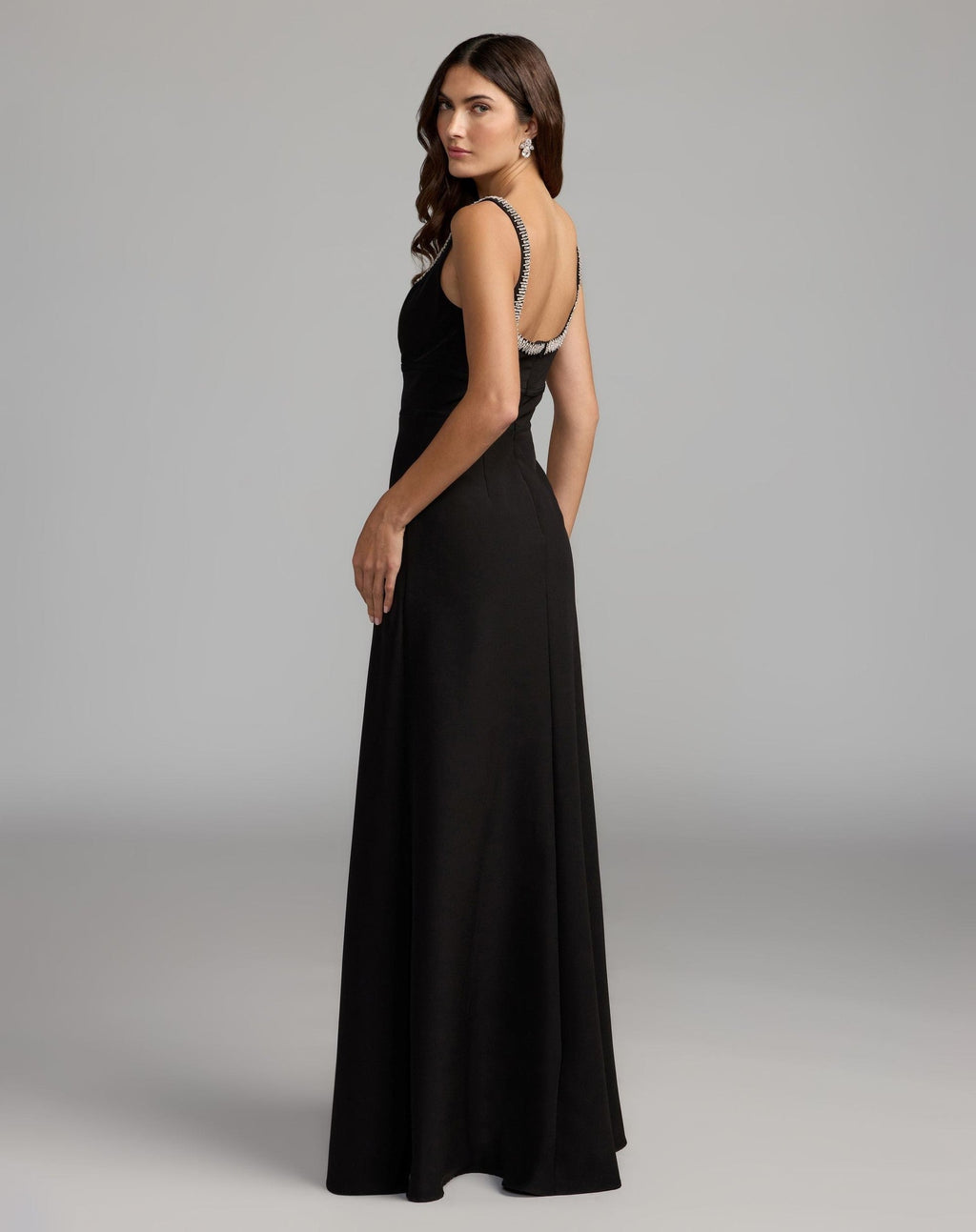 Black Crepe A-Line Gown With Rhinestone Trim