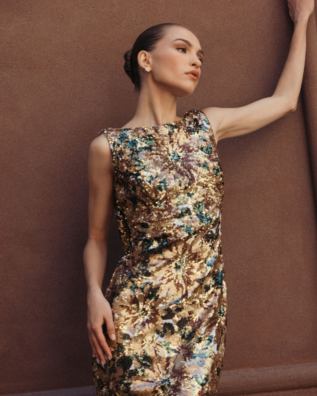 Chocolate Multi Floral Sequin Cowl Back Trumpet Gown